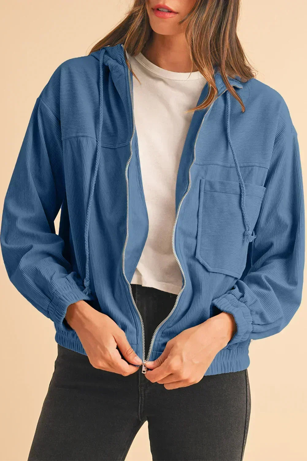 Real Teal Corduroy Zip-Up Hooded Jacket – Femstylo