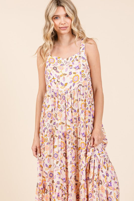 New Summer Flower Print Tiered Sleeveless Empire Maxi Dress – Elegant and Flattering Floral Dress with Empire Waist