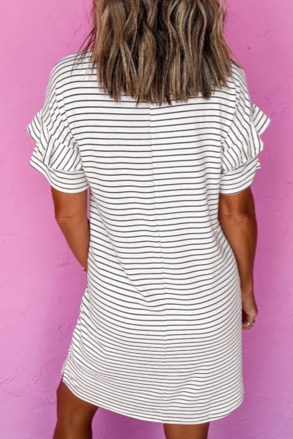 White Striped Round Neck Short Sleeve Mini Dress Casual & Playful Everyday Look Dress