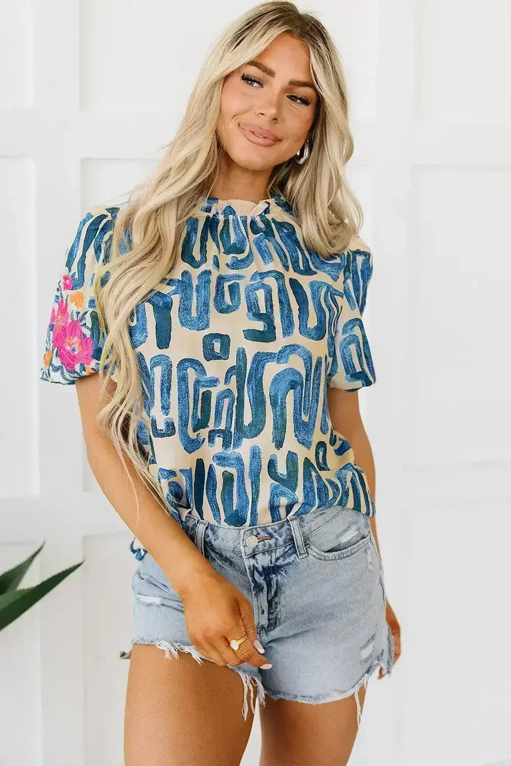 Beige Embroidered Puff Sleeve Frilled Neck Printed Top | Femstylo
