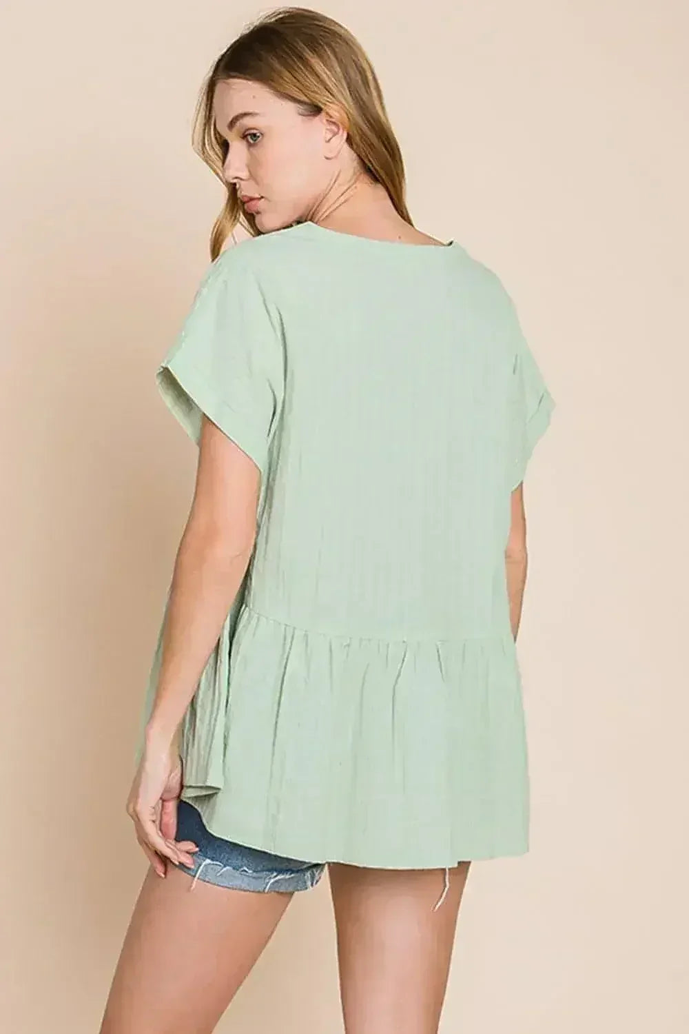 Ruched Notched Sleeve Blouse - Cotton Women's Top | Femstylo