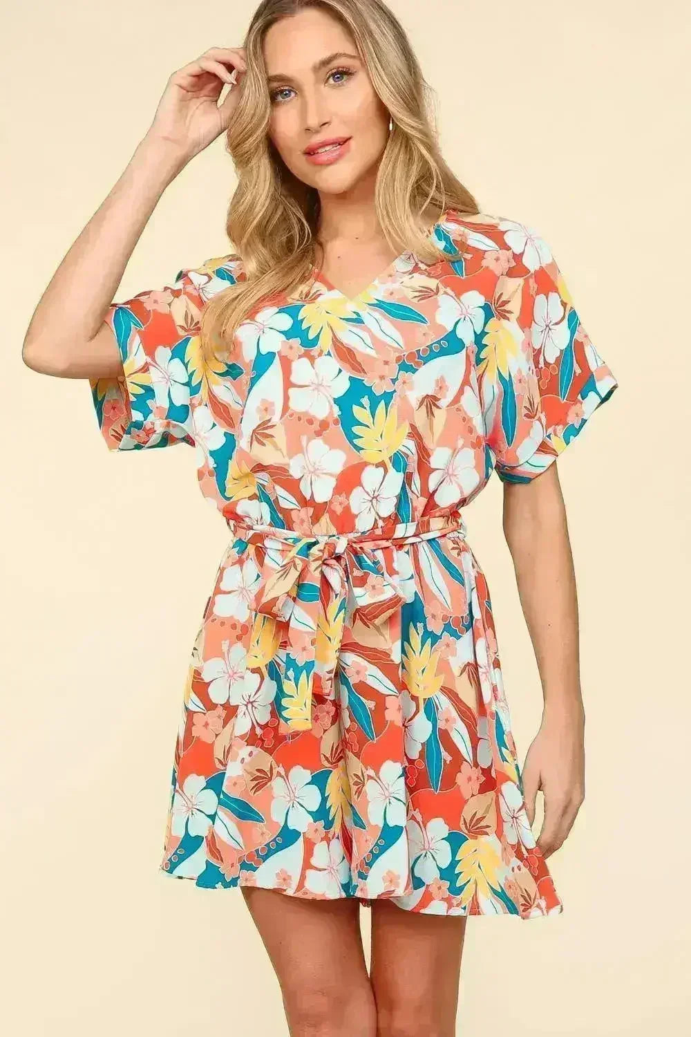 Tropical Floral Romper | Tied Waist Summer Jumpsuit | Femstylo