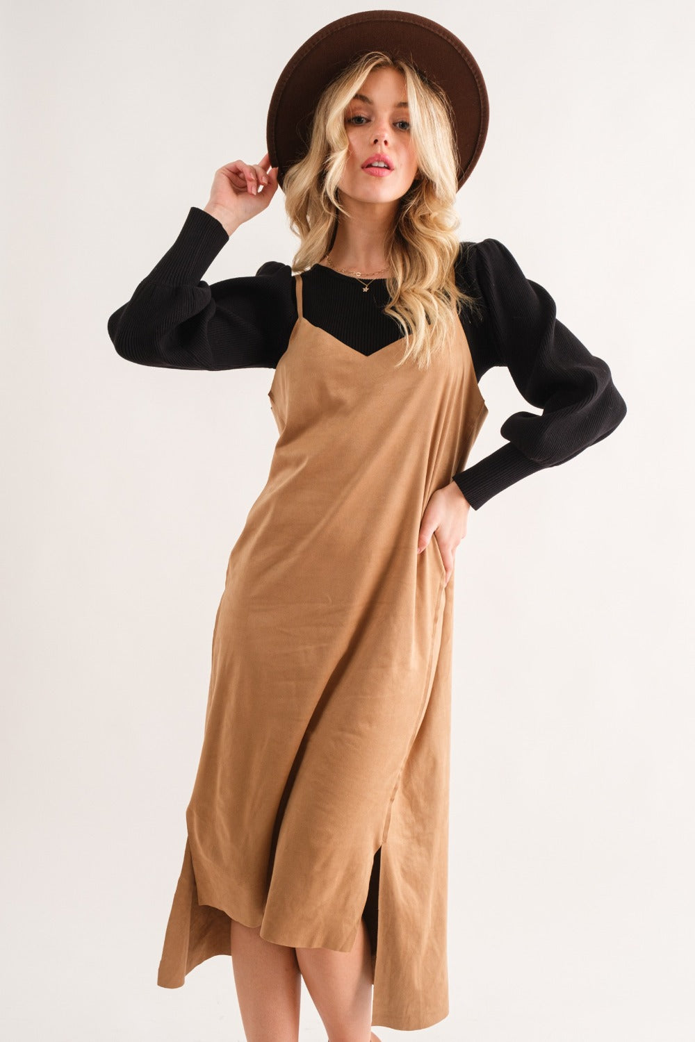 Faux Suede Cut Edge Slit Cami Midi Dress – Elegant Midi Dress, Faux Suede Dress, Chic Slit Dress, Sophisticated Dress, Versatile Cami Dress