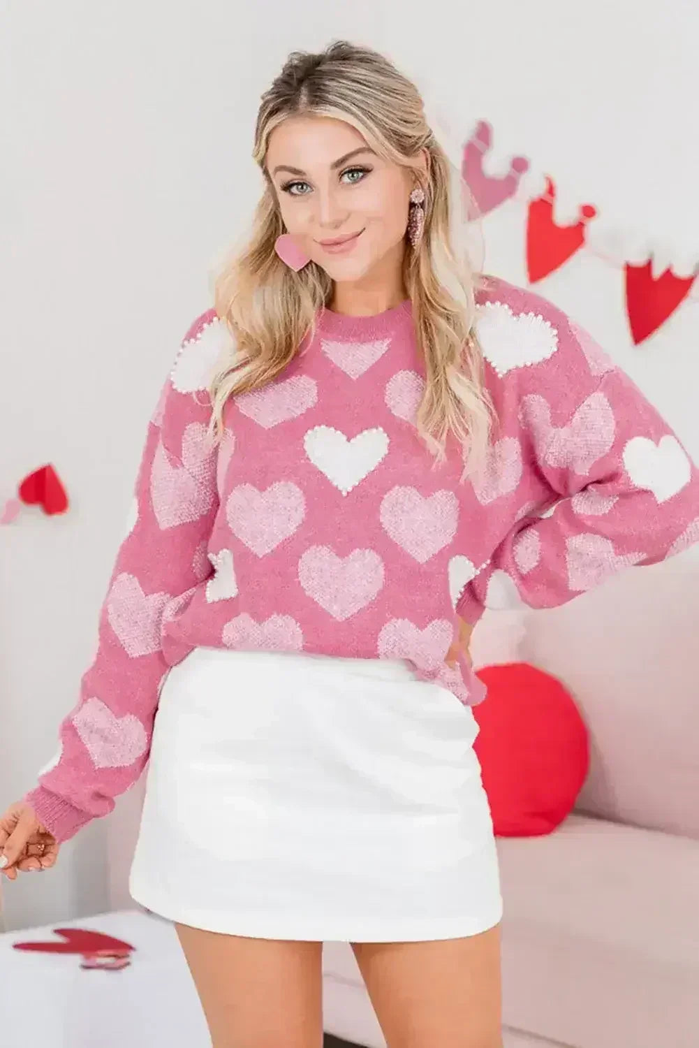 Pink Pearl Heart Print Valentines Crew Neck Sweater