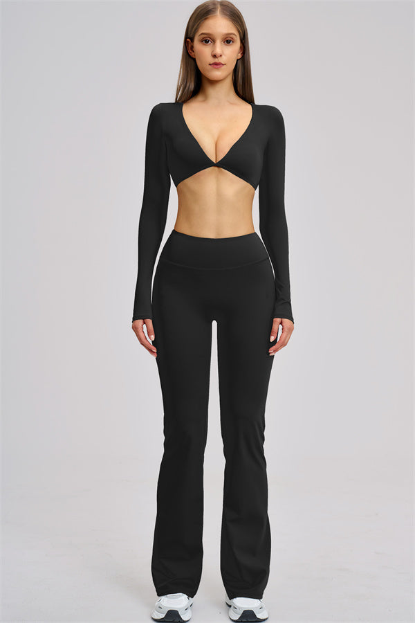 The Zestful Long Sleeve Crop Top Flared Leggings 2-Piece Set