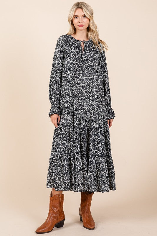 Printed Tie Neck Flounce Sleeve Midi Dress For Women – Fluttering, Feminine and Playful Midi Dress with Ruffled Details
