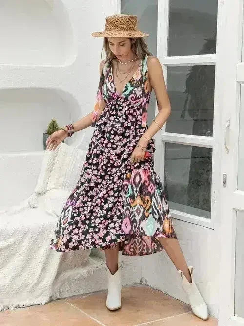 Printed Plunge Midi Dress | Sleeveless Tied Waist | Polyester