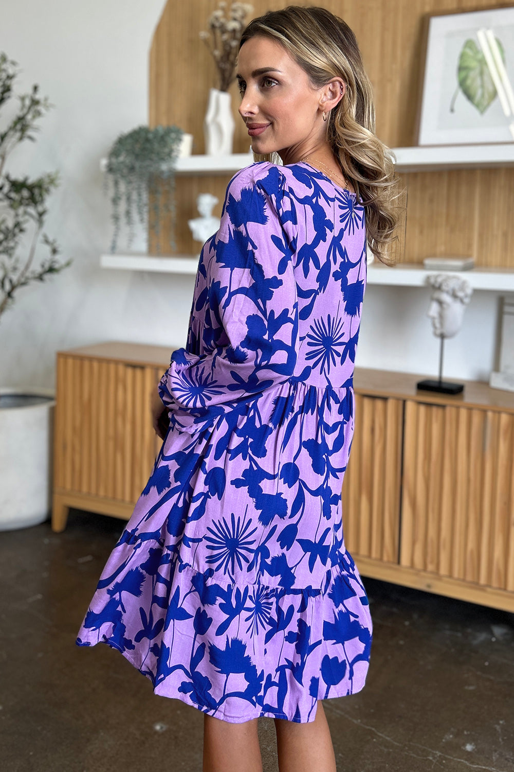 Double Take Full Size Printed Ruffle Hem Dress with Pocket Stylish & Functional Women Dress