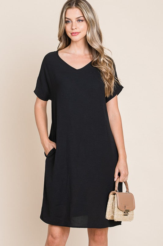 V-Neck Short Sleeve Dress with Pockets For Women – Casual, Versatile and Stylish Dress with Convenient Pockets for Everyday Wear