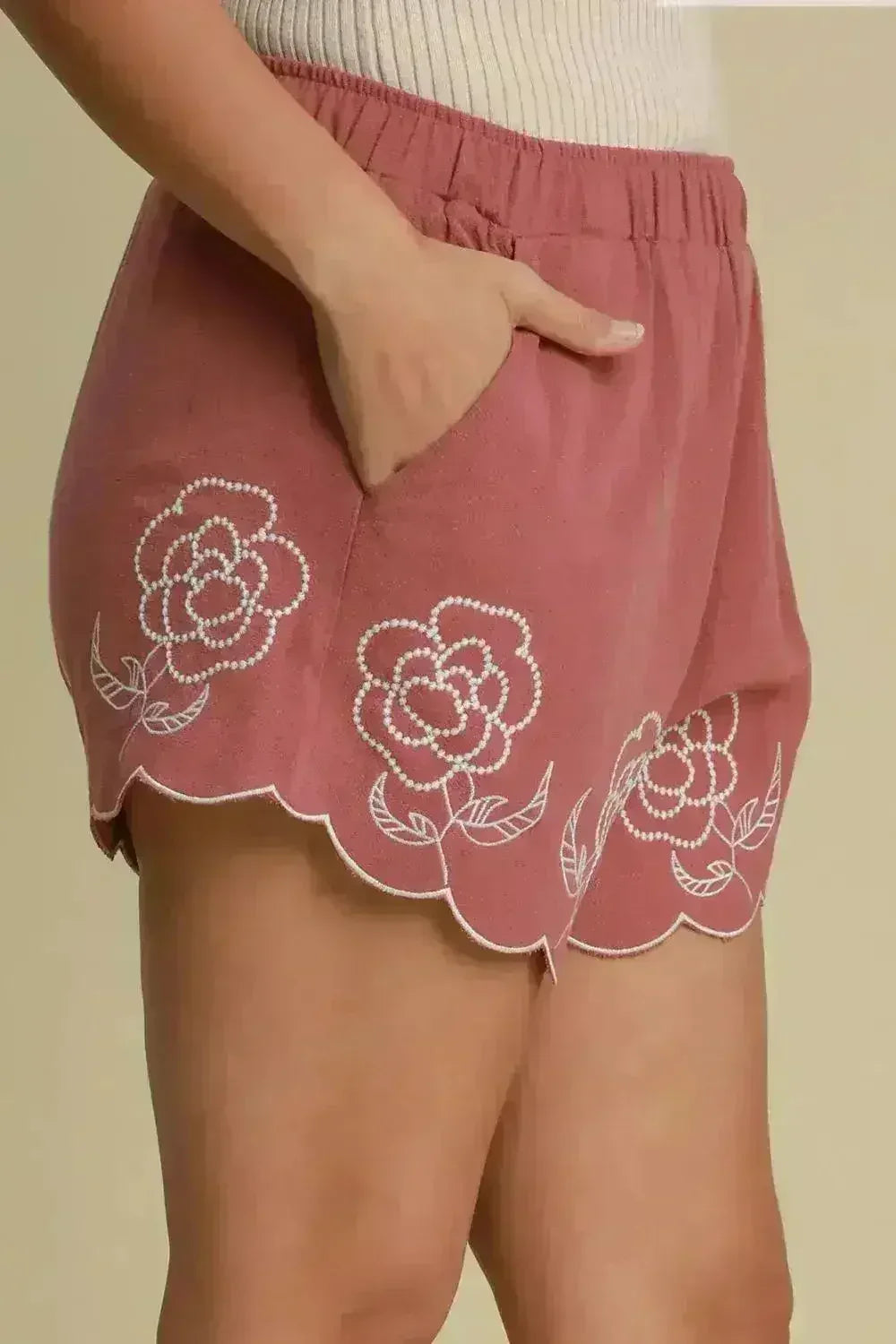 Umgee Full Size Linen Blend Shorts with Floral Embroidered Details