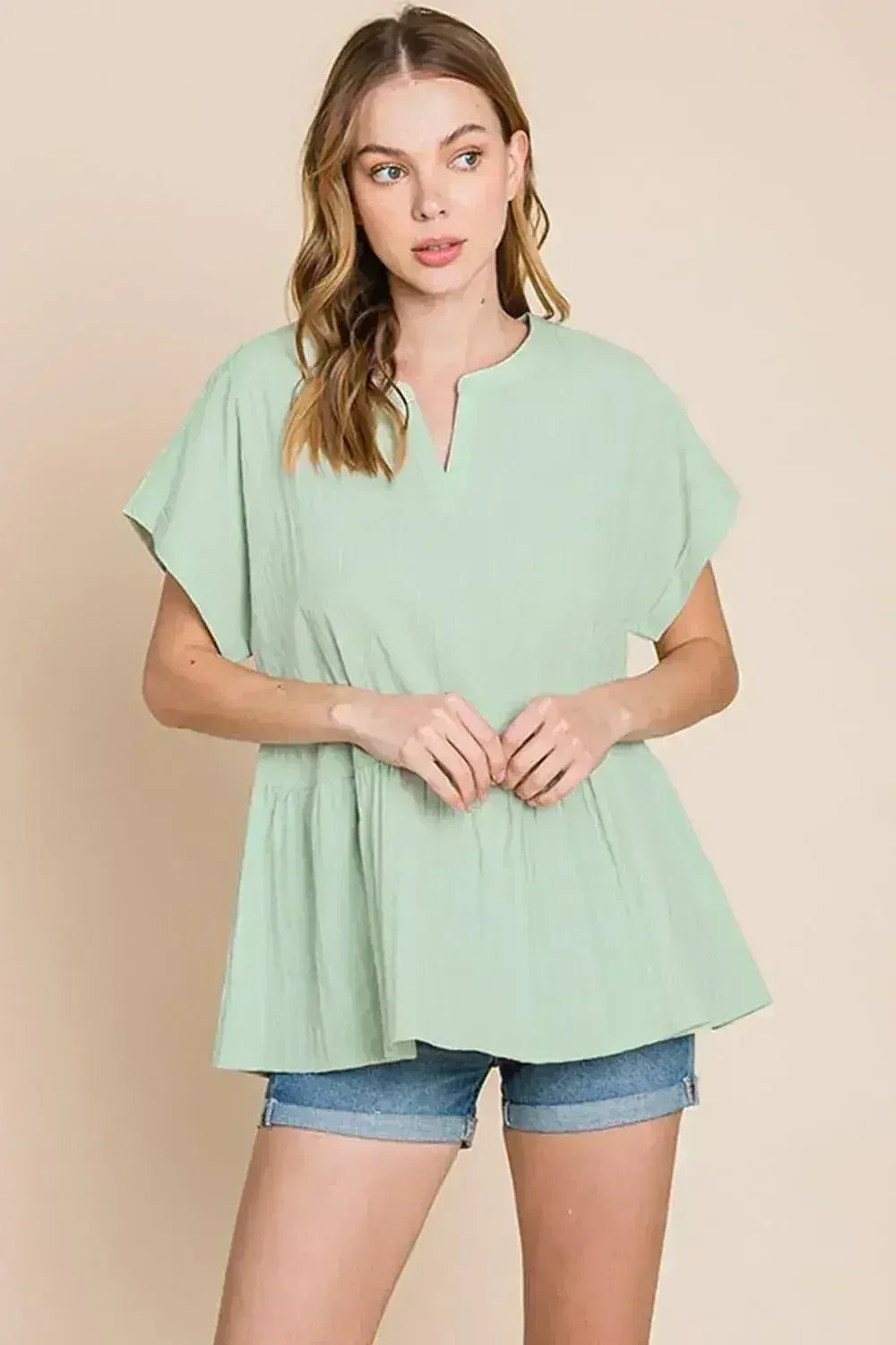 Ruched Notched Sleeve Blouse - Cotton Women's Top | Femstylo