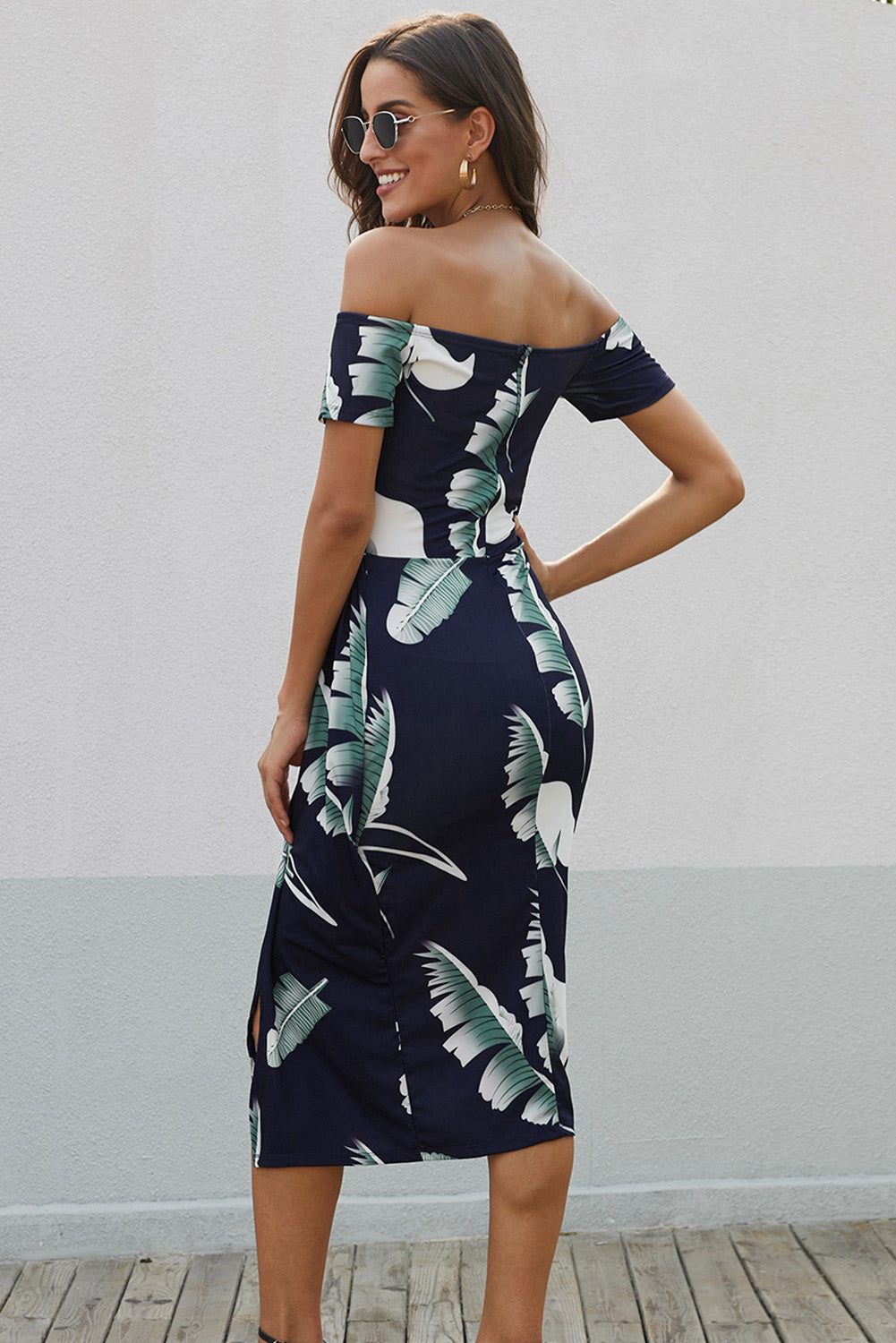 Charming Printed Off-Shoulder Midi Dress with Slit Classy & Feminine Look