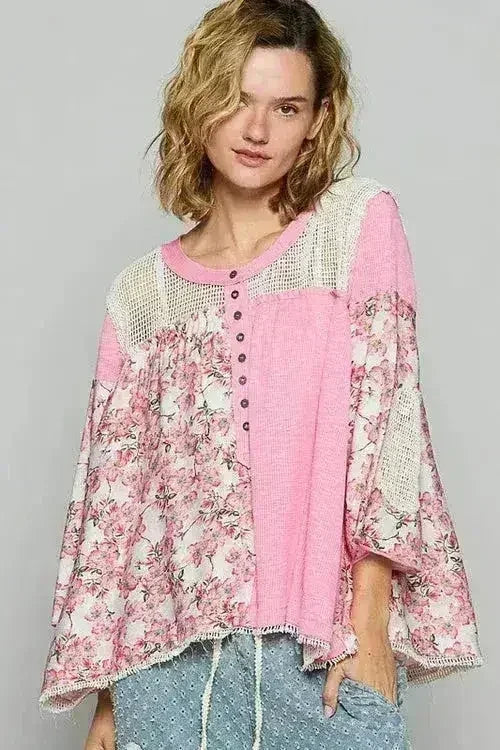 Washed Floral Crochet Top - Bohemian Semi-Sheer Blouse | Femstylo