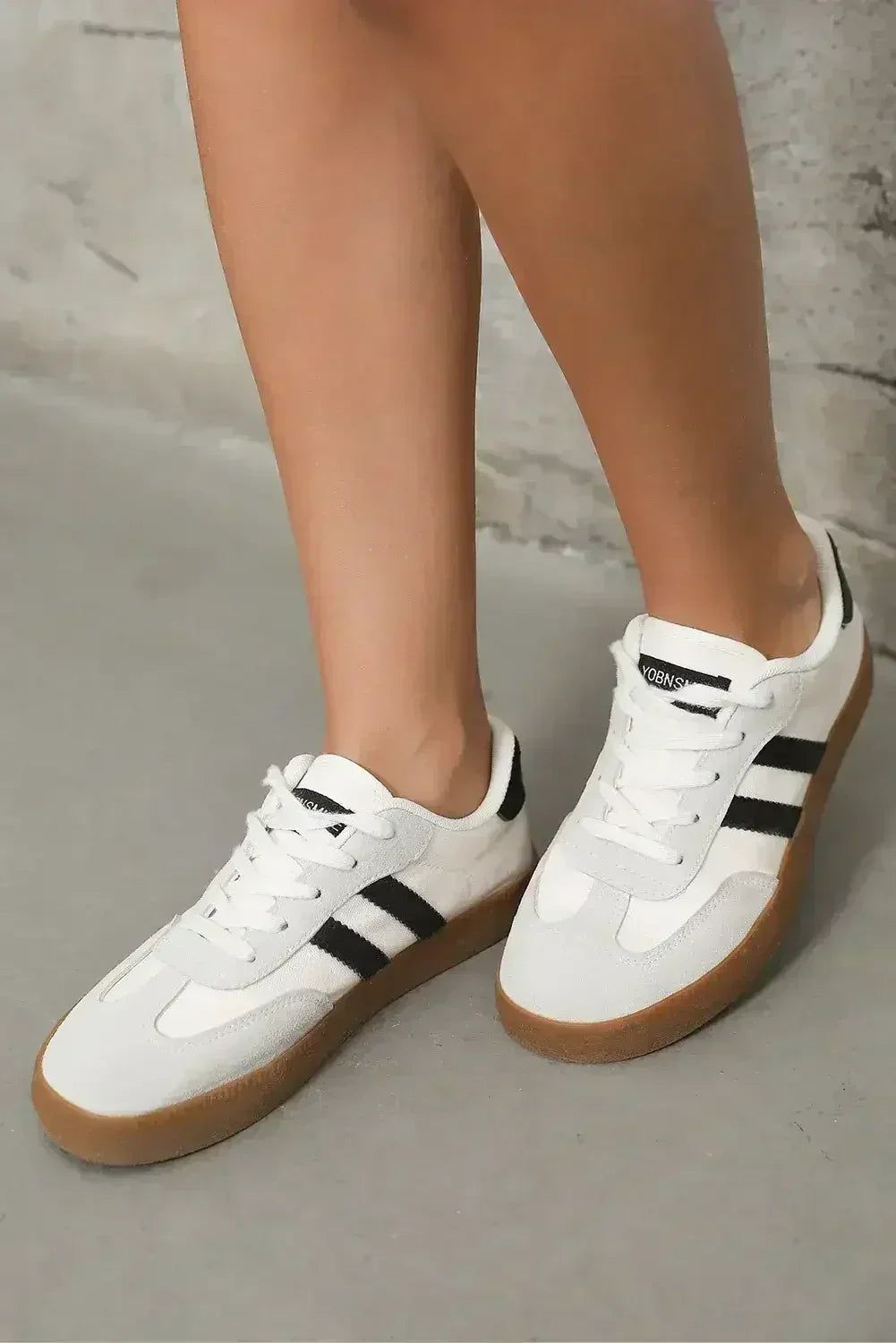 White Striped Lace Up Flat Sneakers