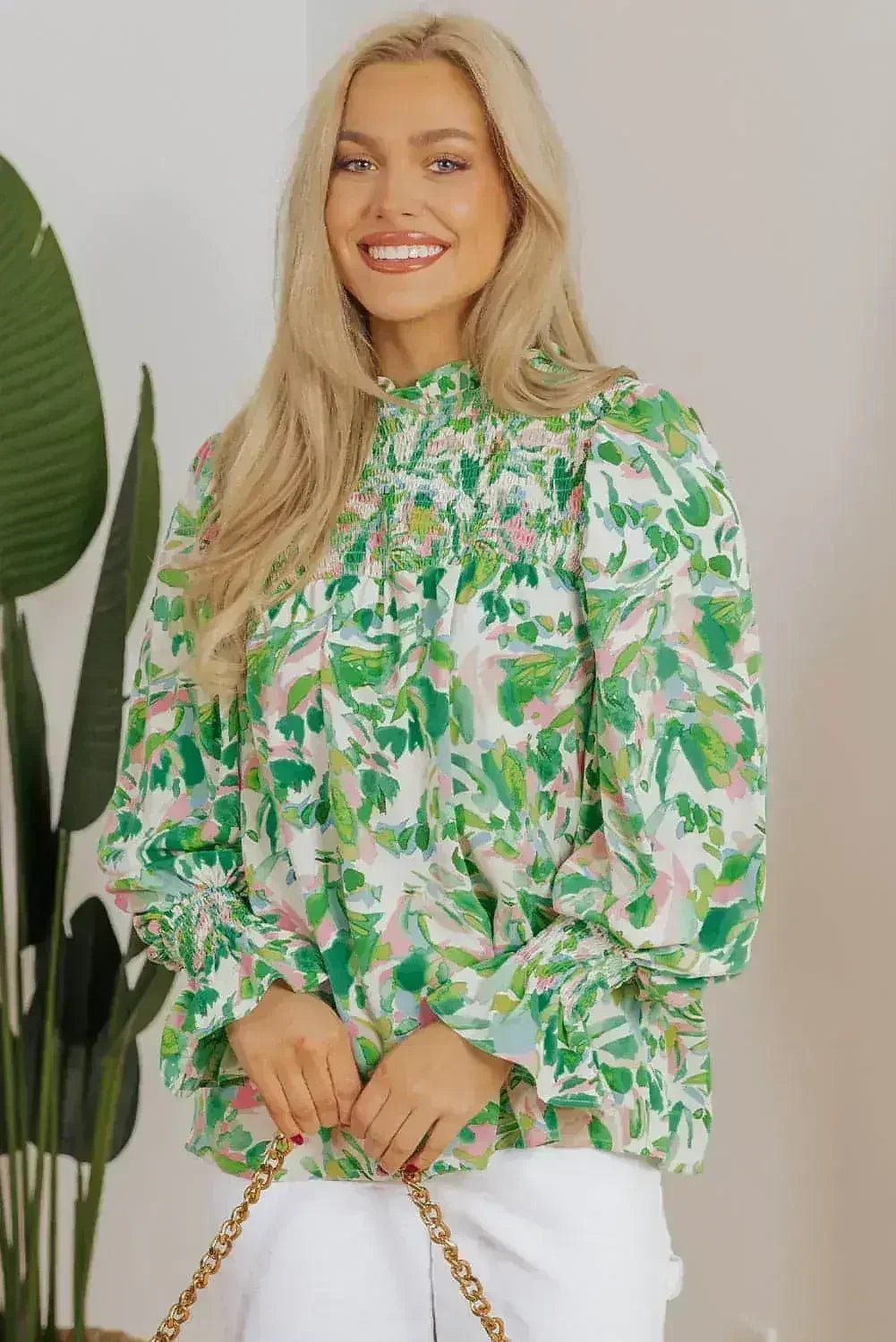 Leaf Print Flounce Sleeve Blouse - Botanical Top | Femstylo