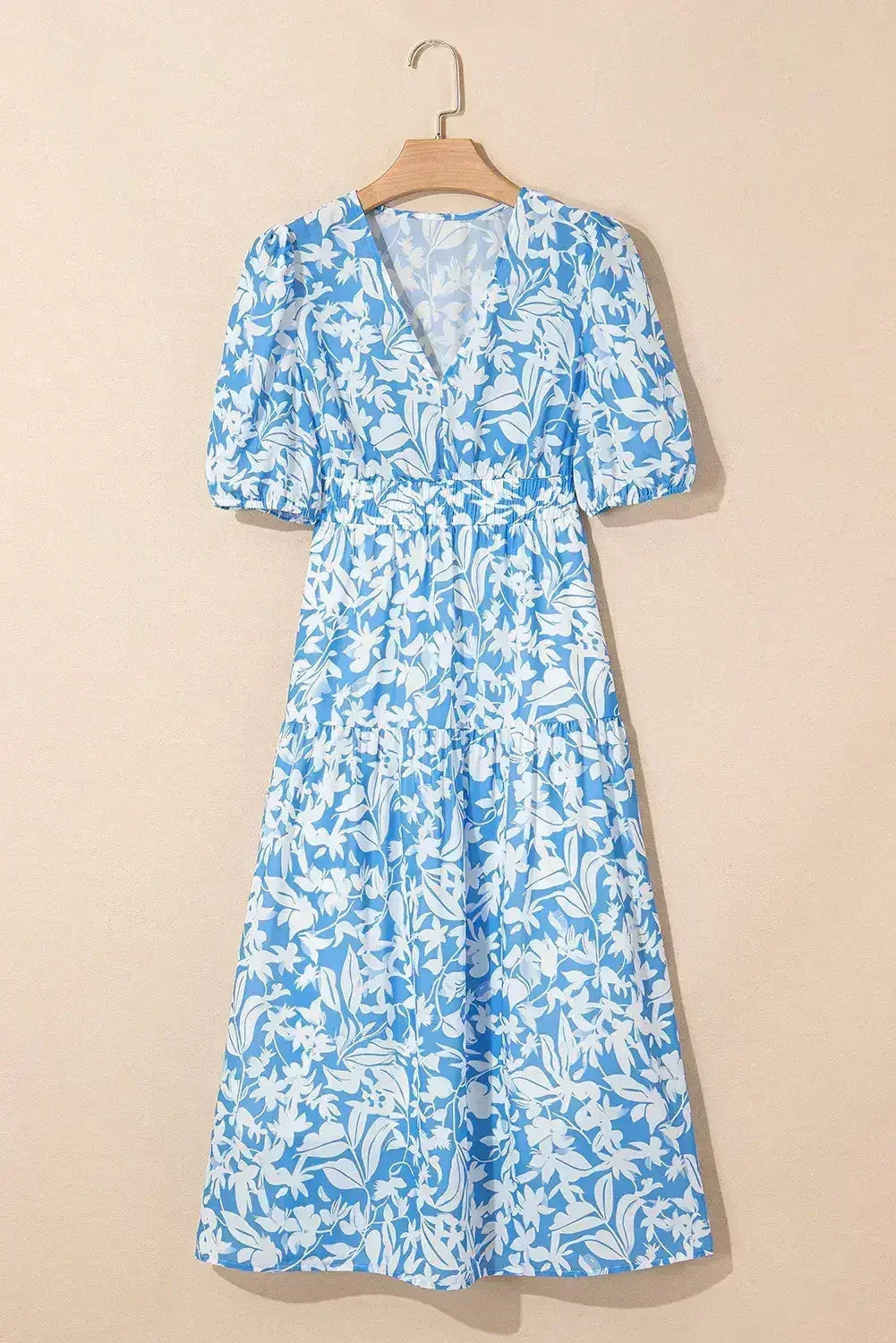 Sky Blue Floral Print Deep V Neck Puff Sleeve Flowy Dress