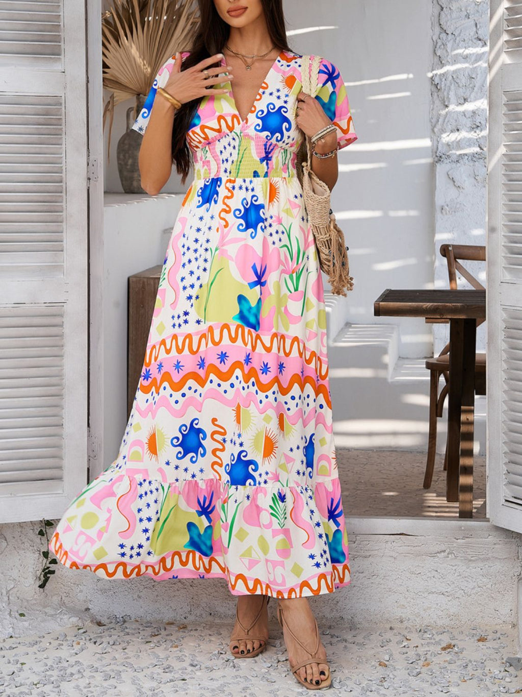 Elegant Printed V-Neck Short Sleeve Maxi Dress Beautiful Casual Women Long Dress