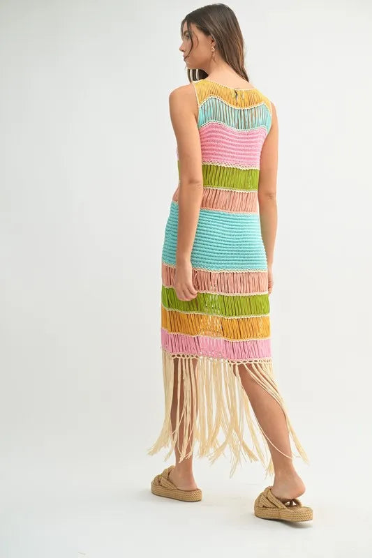 Multi Color Fringed Crochet Knit Dress For Women – Crochet Knit Dress, Fringed Dress, Multi-Color Dress, Bohemian Knit Dress, Festival Dress