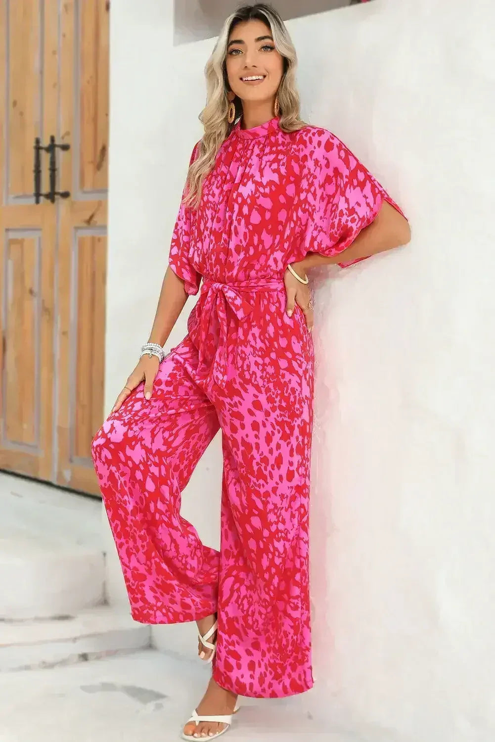 Rose Leopard Print Tulip Sleeve Belted Wide Leg Jumpsuit