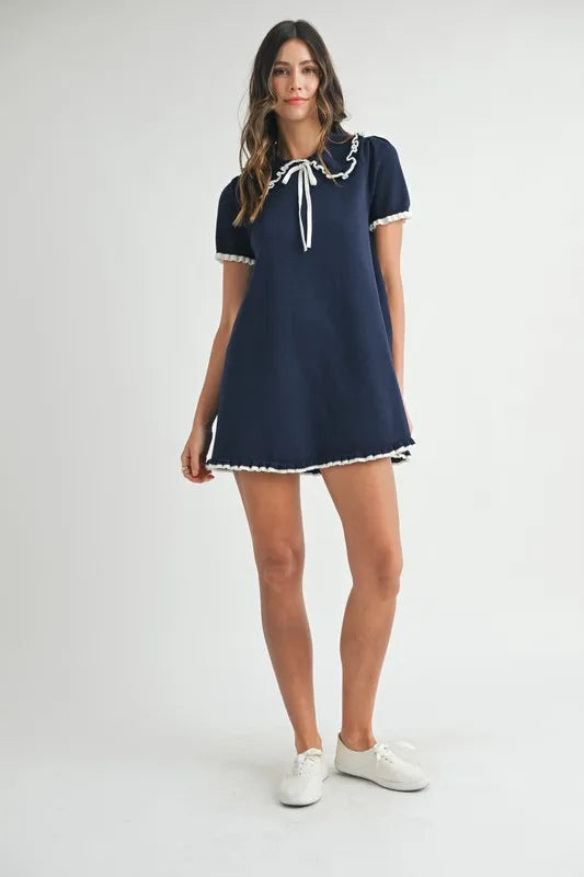 Ruffle Trimmed Collar Fine Knit Mini Dress For Women – Ruffle Mini Dress, Fine Knit Dress, Collar Dress, Feminine Mini Dress, Chic Knit Dress