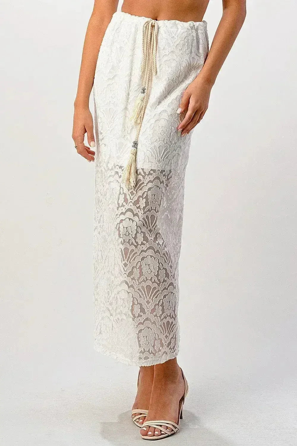 Sheer Lace Maxi Skirt - Drawstring Waist & Bow | Femstylo