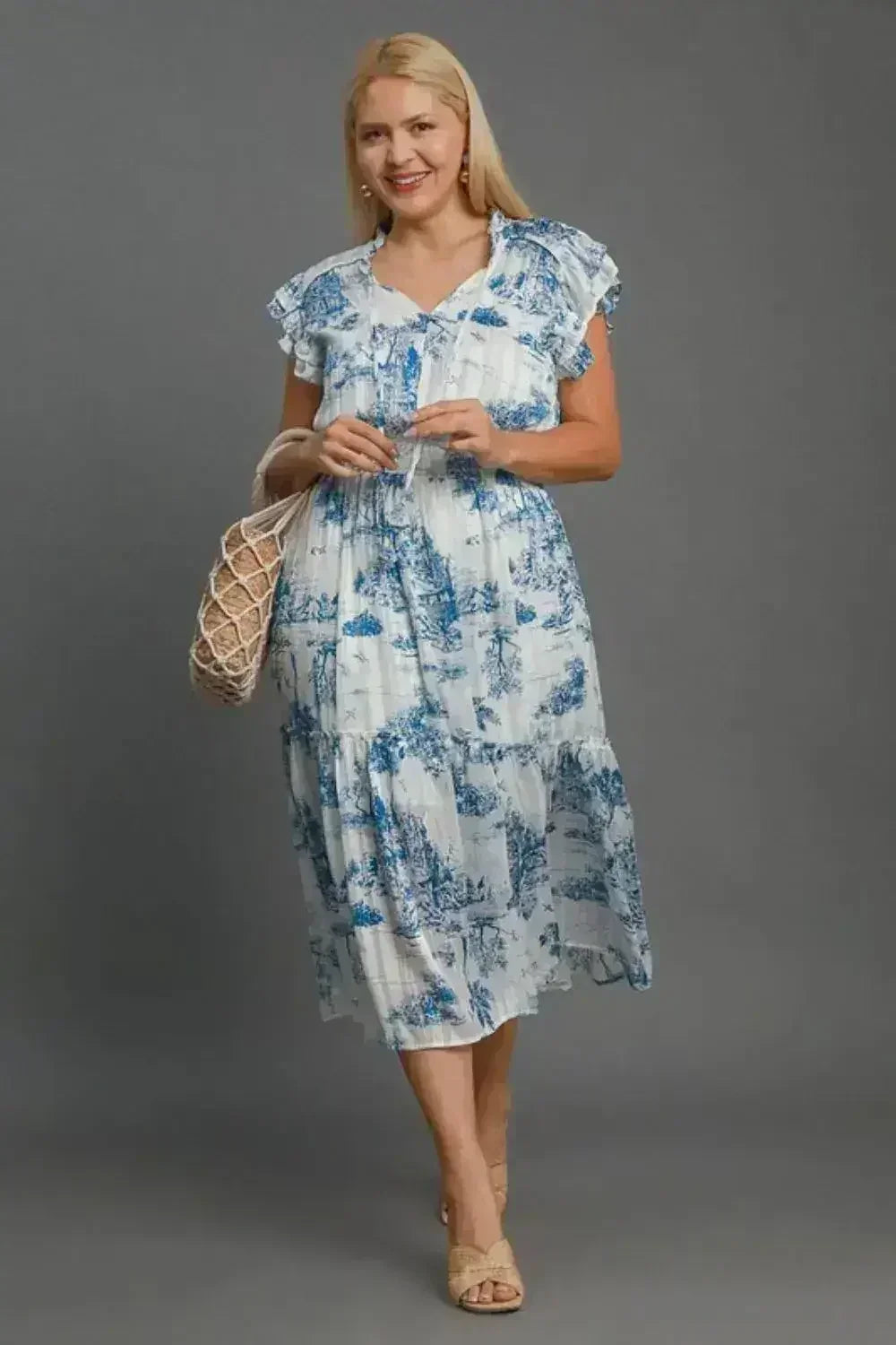 Umgee Full Size Two Tone Landscape Print Midi Dress Plus Size