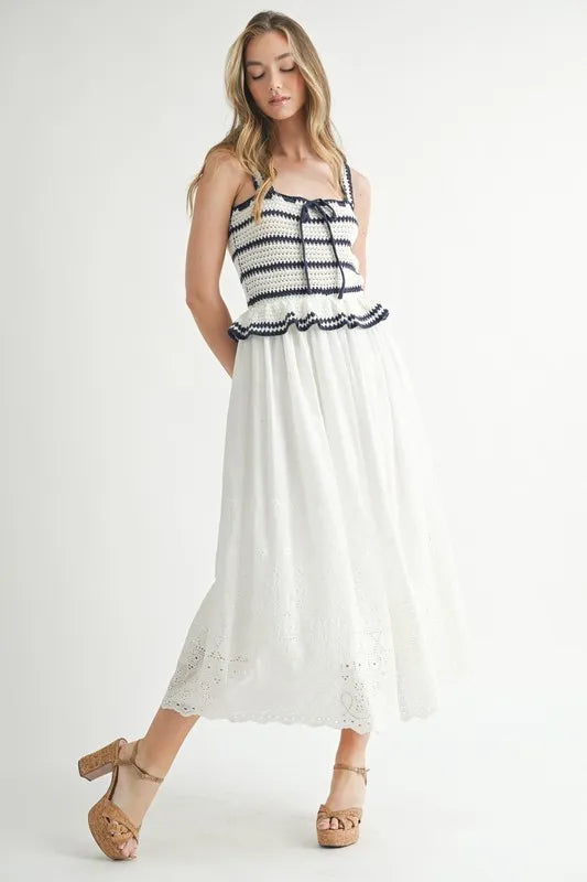 Crochet Stripe Knit Eyelet Mix Midi Dress – Crochet Midi Dress, Stripe Knit Dress, Eyelet Mix Dress, Trendy Midi Dress, Versatile Midi Dress