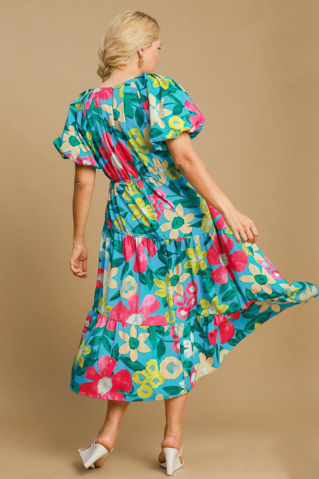 Beautiful Full Size Floral Print Puff Sleeve Midi Dress Plus Size Trendy & Chic Dress Modern Design