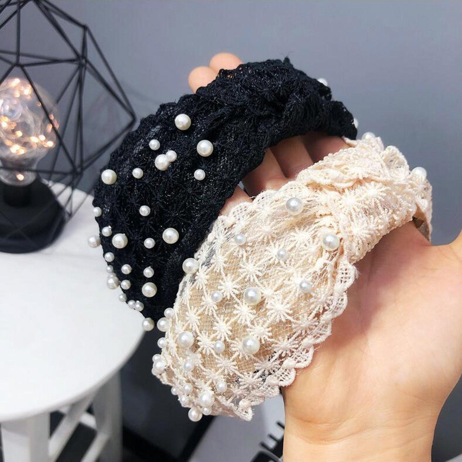 Fashion Girls Pearl Hairband White Black Lace Headband Women Artificial Pearls Hair Hoop Middle Knot Hair Accessories Gorgeous Hair Accessories For Women