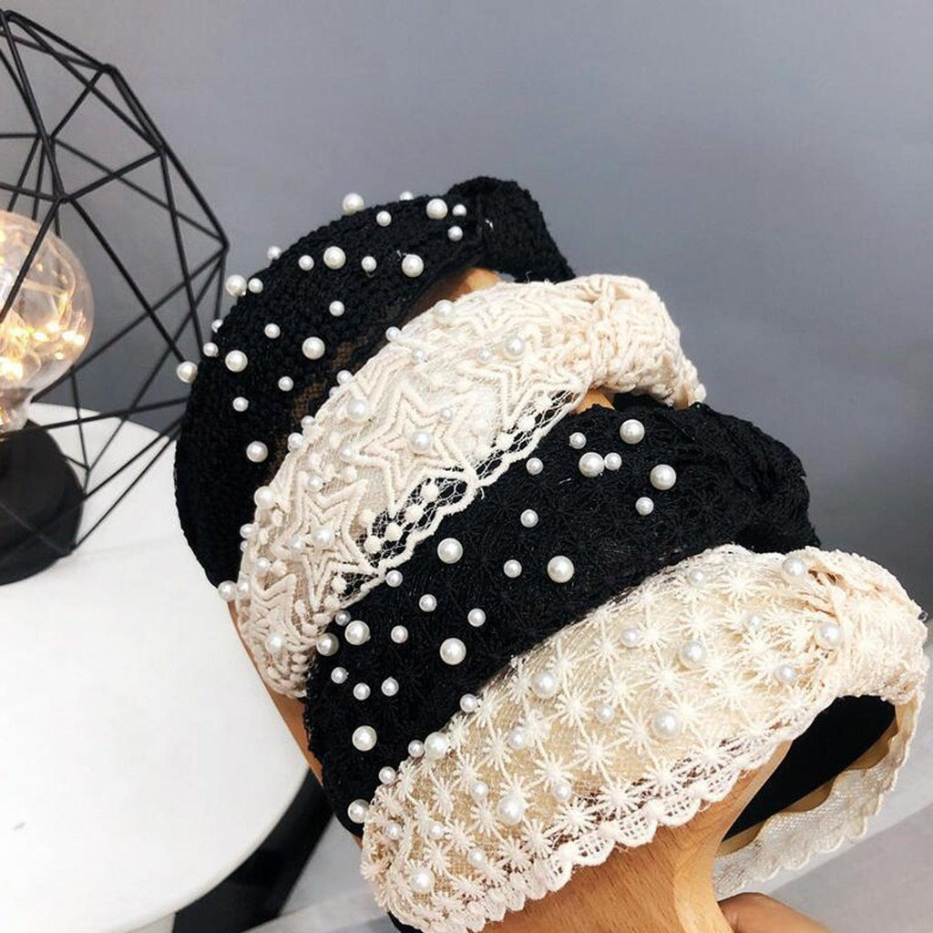 Fashion Girls Pearl Hairband White Black Lace Headband Women Artificial Pearls Hair Hoop Middle Knot Hair Accessories Gorgeous Hair Accessories For Women