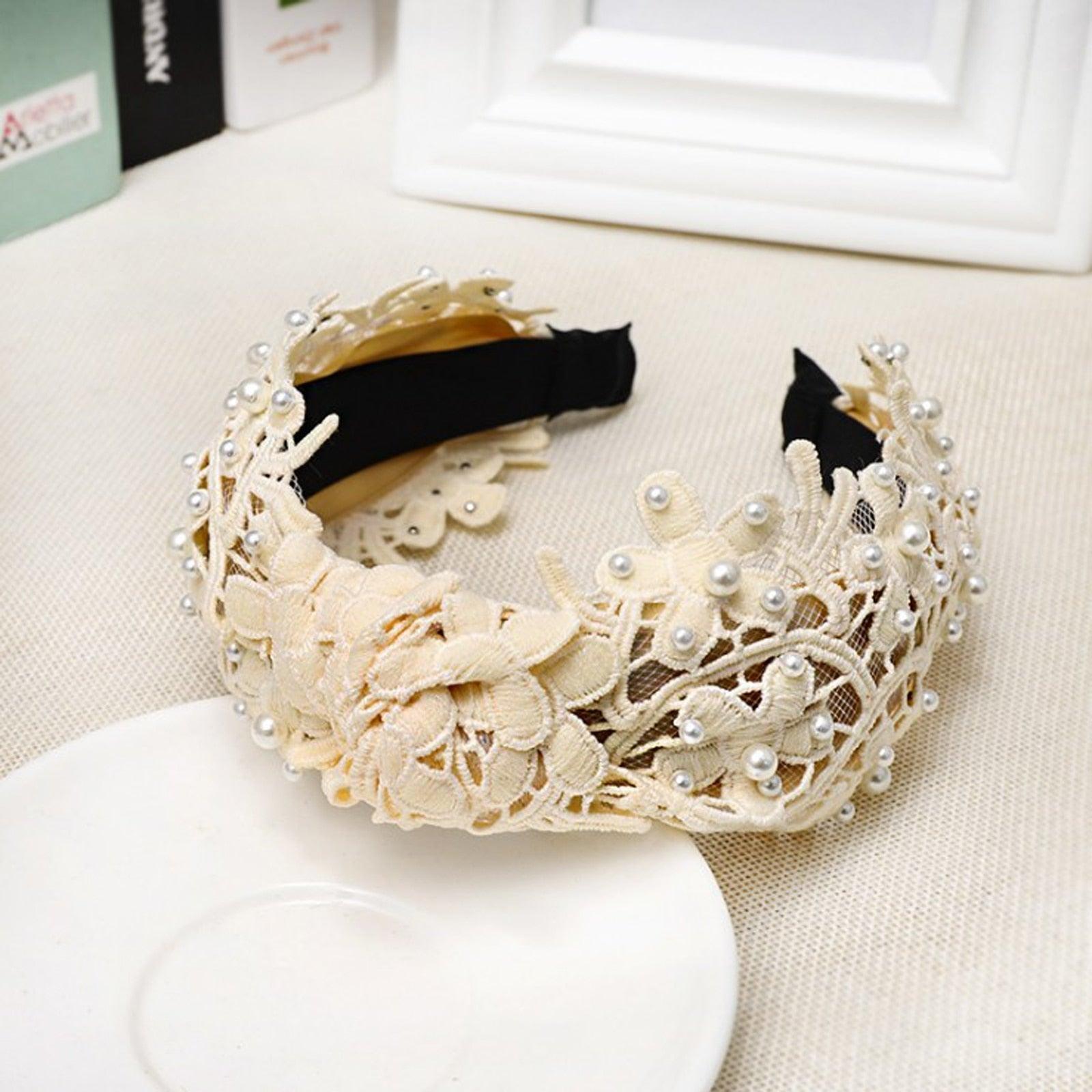 Fashion Girls Pearl Hairband White Black Lace Headband Women Artificial Pearls Hair Hoop Middle Knot Hair Accessories Gorgeous Hair Accessories For Women