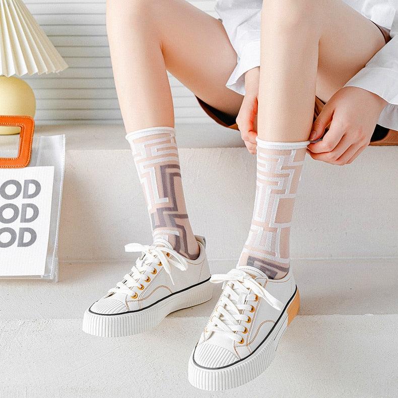 Fashion Women Socks New Spring Summer Mesh Thin Long Printed Socks Women Casual Breathable Fresh Flower Socks Korea Style Color Thin Socks For Women