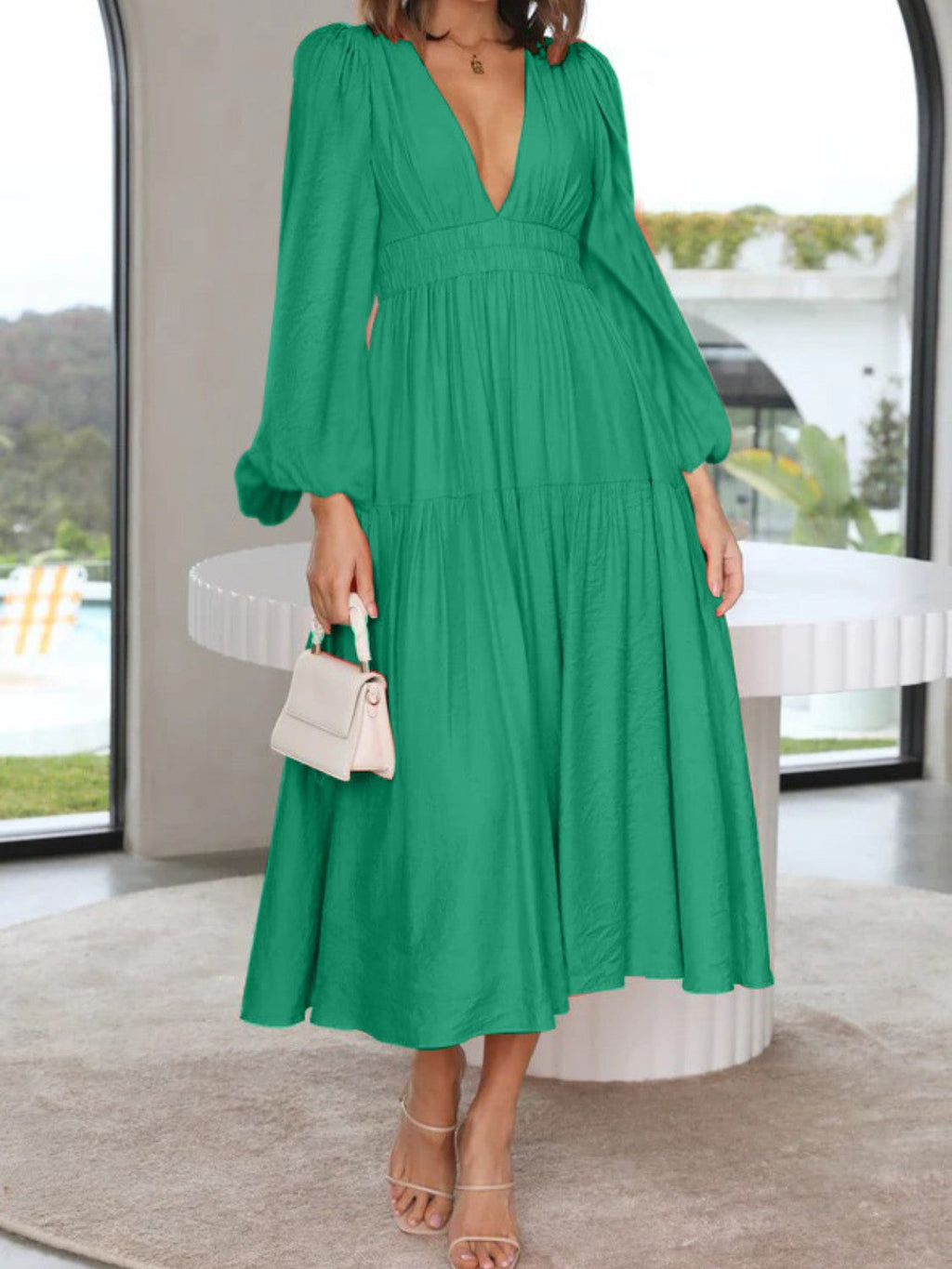 Lightweight Deep V-Neck Balloon Sleeve Maxi Dress Elegant & Flowing Silhouette Unique Dress