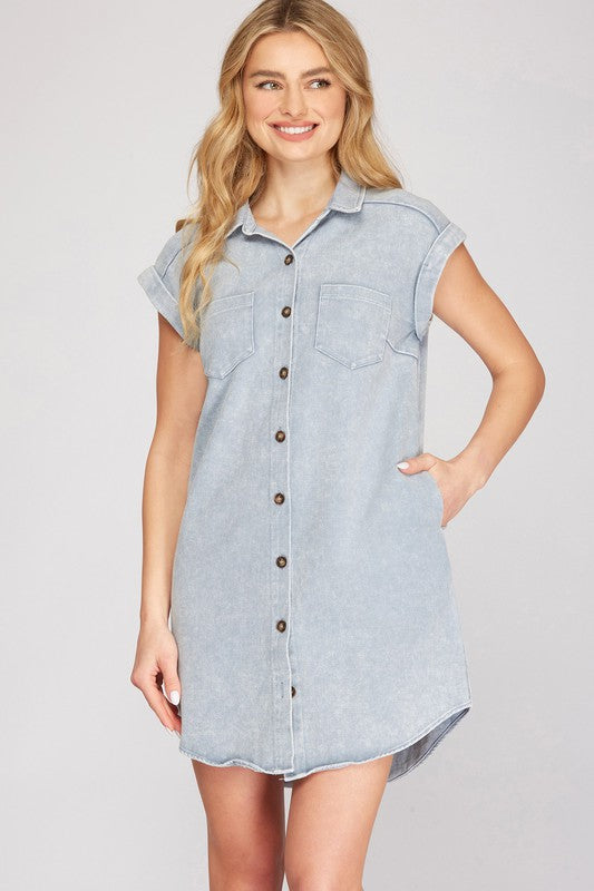 Blue Grey Full Size Folded Cuff Button-Down Shirt Dress Plus Size Casual Simple Women Dress