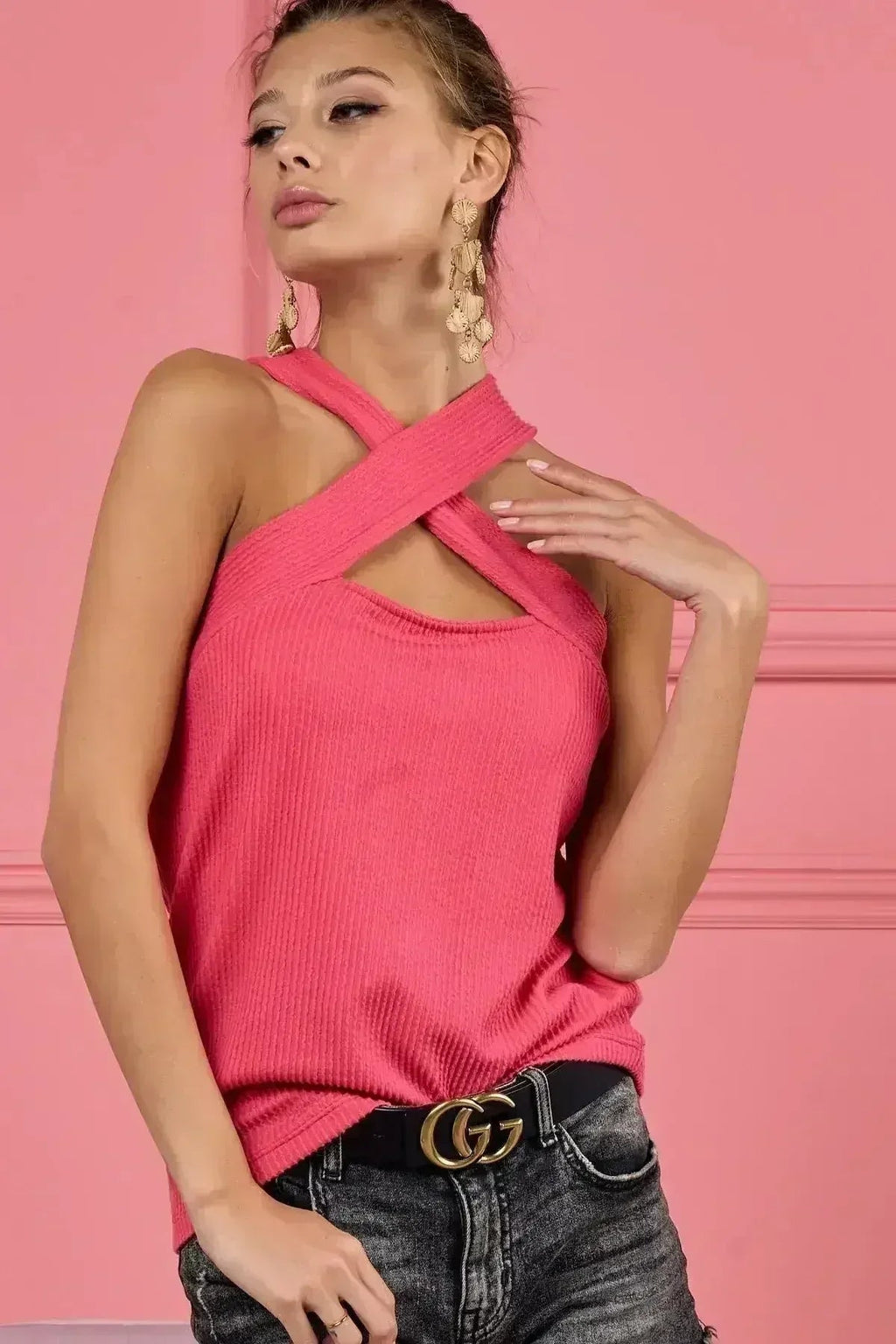BiBi Lace Knit with Cut Out And Cross Neck Banded Top