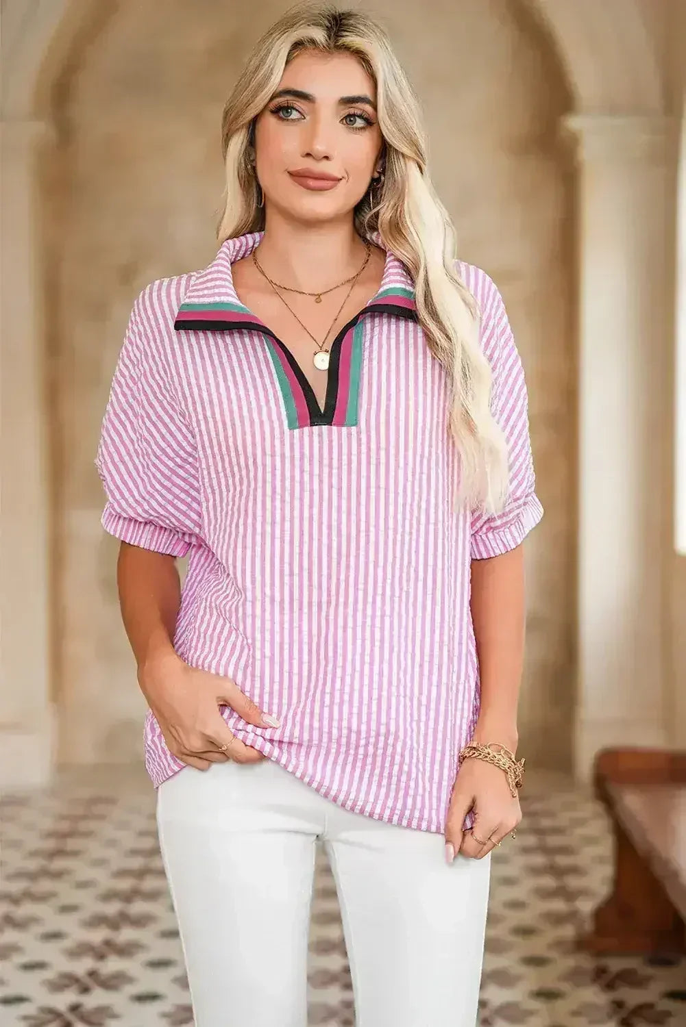 Sachet Pink Striped Dolman Sleeve Color Neckline Blouse | Femstylo
