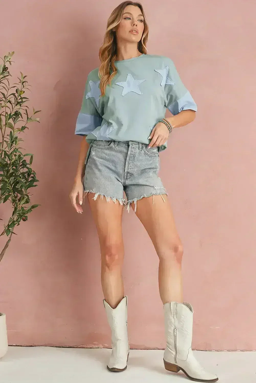 Aruba Blue Frayed Star Patched 4th of July Oversize T Shirt