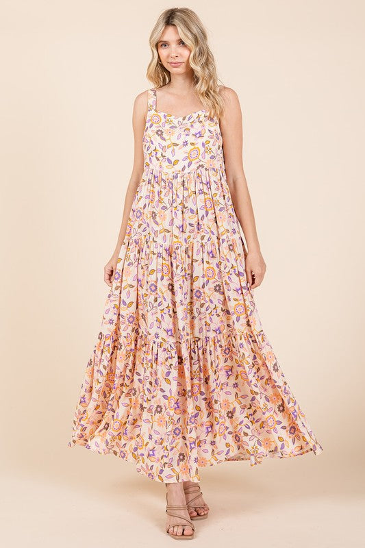 New Summer Flower Print Tiered Sleeveless Empire Maxi Dress – Elegant and Flattering Floral Dress with Empire Waist