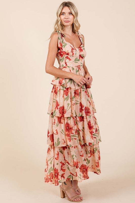 New Summer Layered Floral Sweetheart Neck Maxi Dress For Women – Romantic and Feminine Floral Dress with Layered Skirt