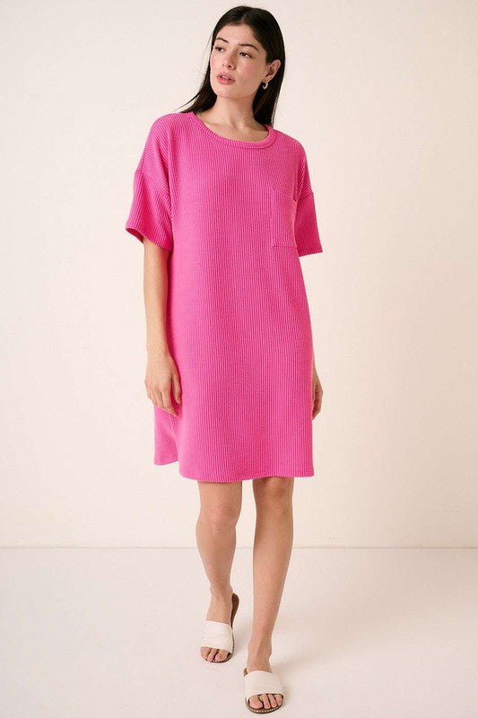 Urban Rib Knit Short Sleeve Tee Dress For Women – Casual and Chic Ribbed Knit Dress with Slit and Pockets For Everyday Outfit