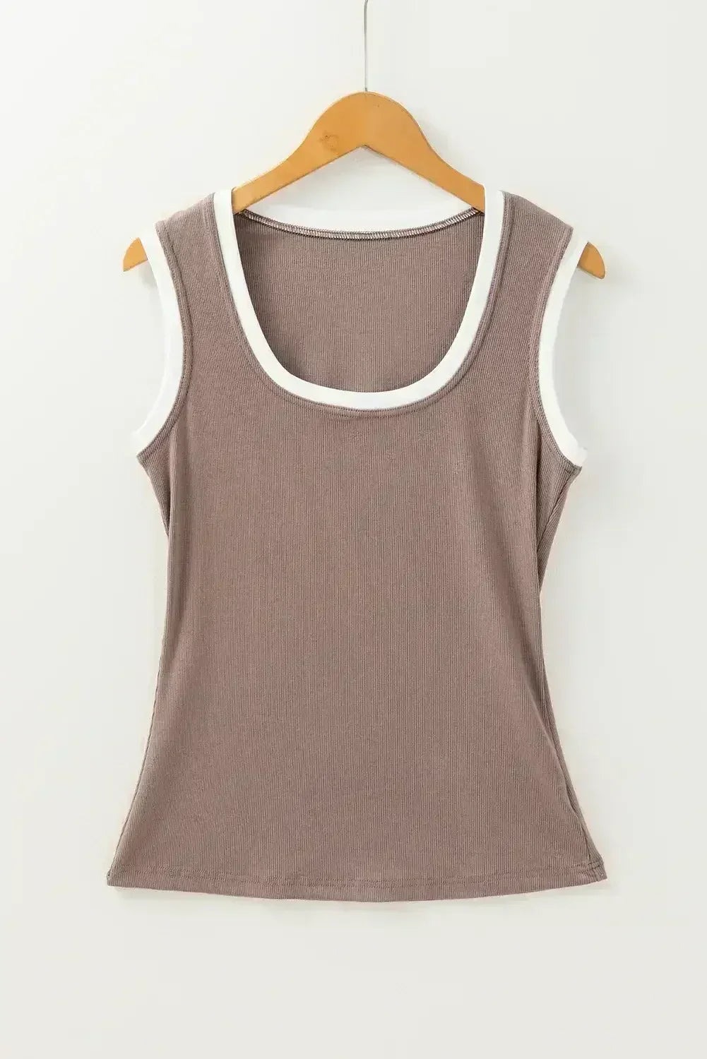 Smoke Gray Ribbed Knit Contrast Neck Slim Fit Tank Top | Femstylo