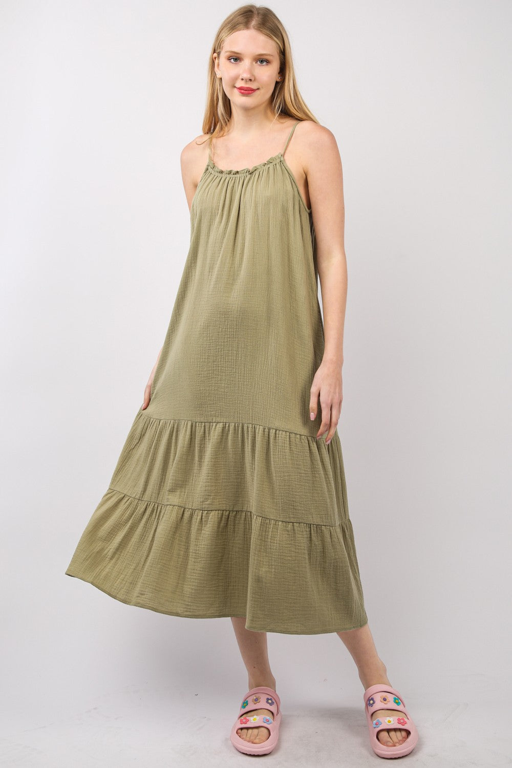 Ruffled A-Line Midi Cami Dress – Ruffled Midi Dress, A-Line Cami Dress, Feminine Ruffled Dress, Summer Cami Dress, Comfy Cotton Dress, Sleeveless Midi Dress, Breezy Casual Dress