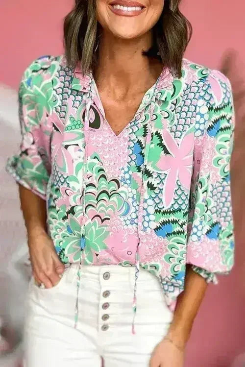 Green Floral V-Neck Blouse – Tied Detail & Loose Fit | Feminine Style