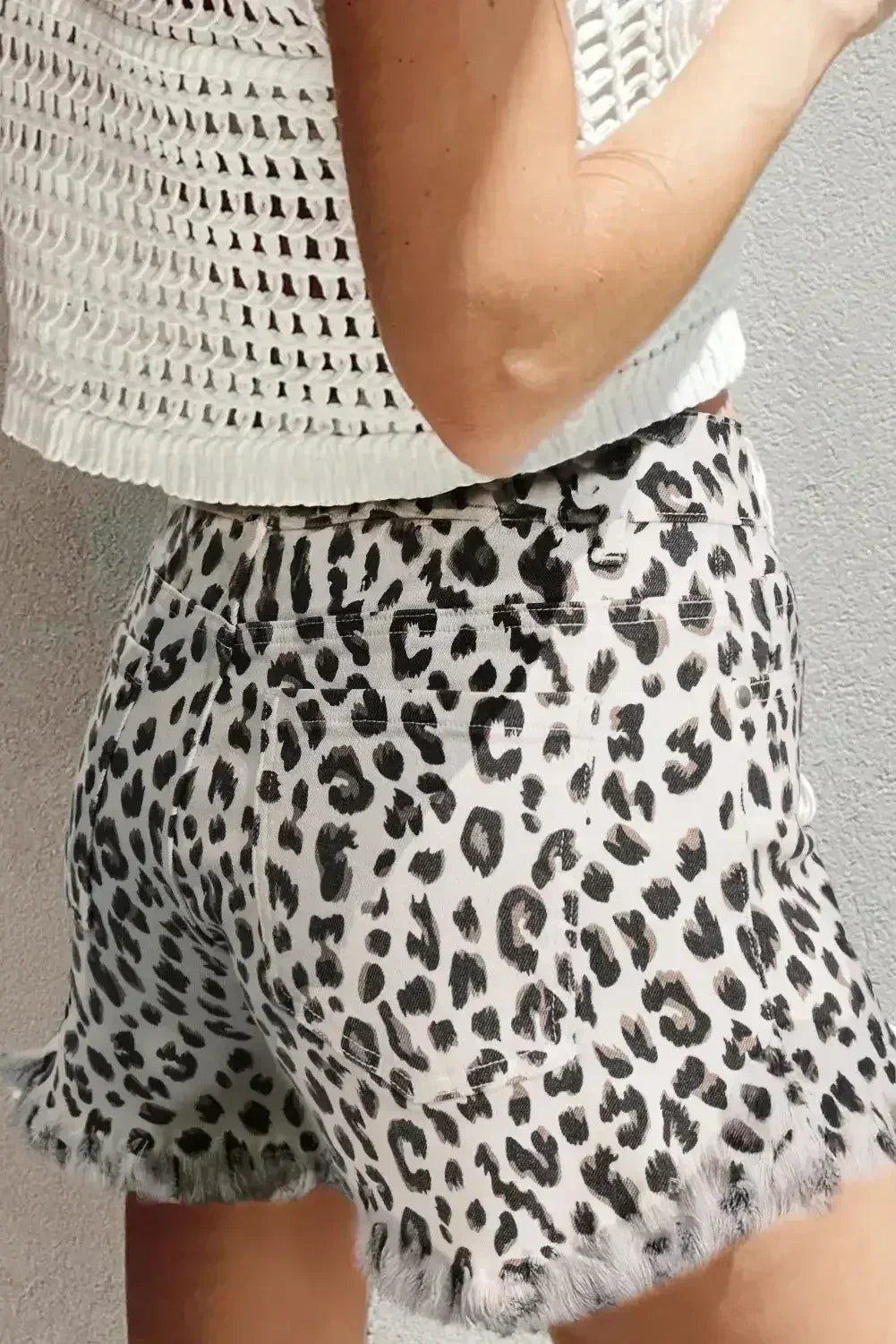 White Leopard Frayed Hem Denim Shorts