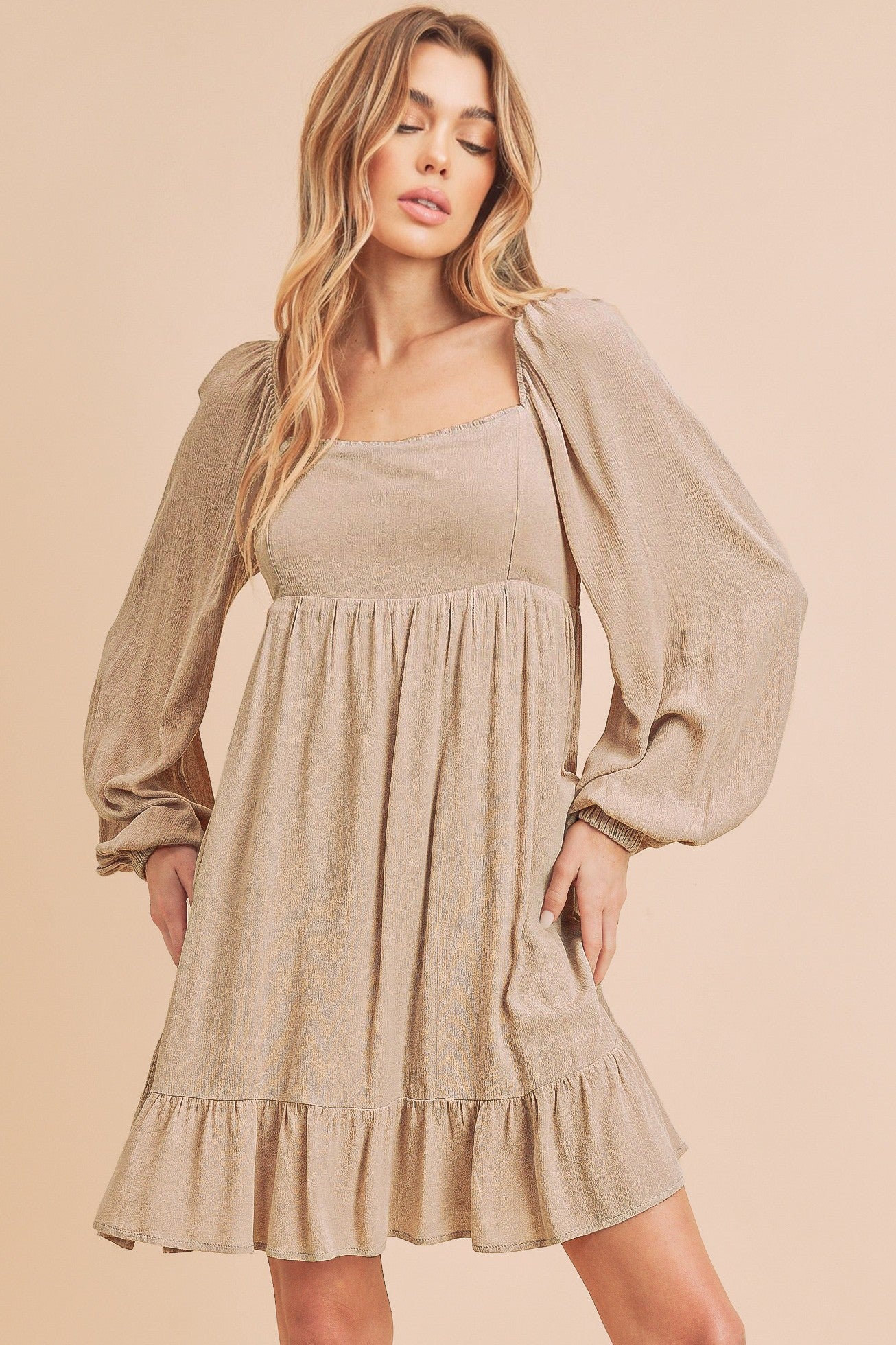 Ruffled Hem Square Neck Balloon Sleeve Mini Dress For Women - Trendy Smocked Detail, Chic Feminine Style, Perfect for Casual & Semi-Formal Occasions