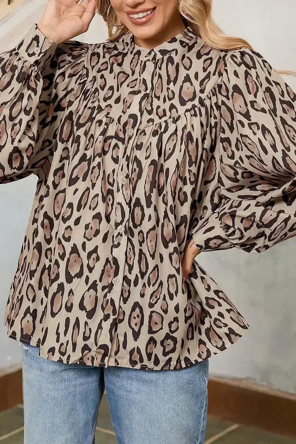 Light Leopard Print Balloon Sleeve Loose Blouse | Femstylo