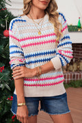 Khaki Striped Eyelet Pattern Drop Shoulder Sweater