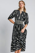 Bow Tie Print Notched Contrast Velvet Trim Midi Dress–Elegant Bow Tie Print, Modern Notched Neckline, Luxurious Velvet Trim, Sophisticated Midi Dress for Special Events