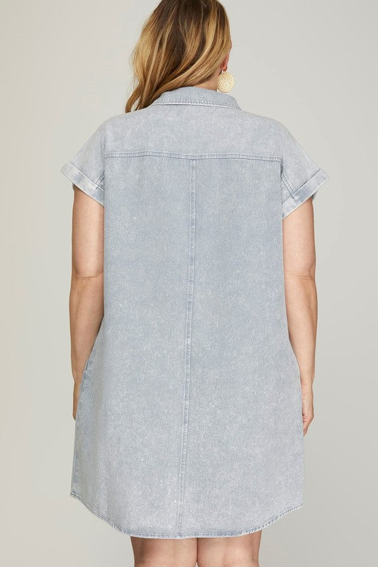 Blue Grey Full Size Folded Cuff Button-Down Shirt Dress Plus Size Casual Simple Women Dress