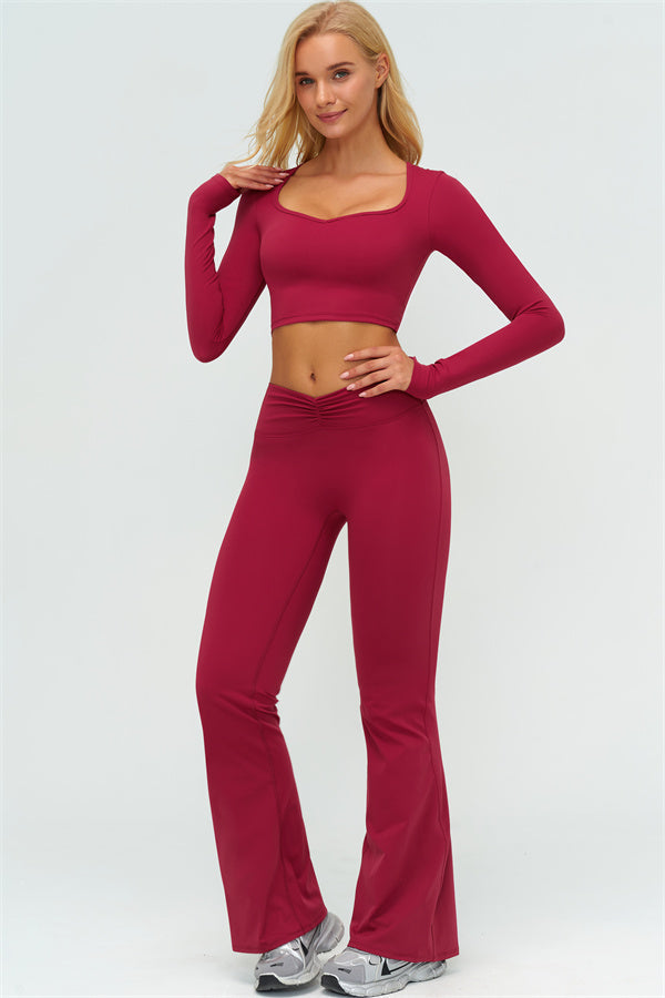 The Lushness Long Sleeve Crop Top Flared Leggings 2-Piece Set